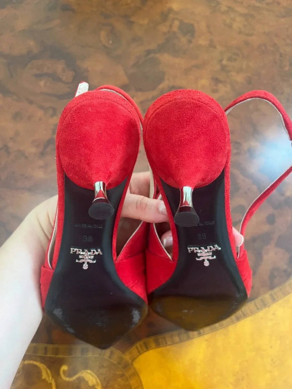 PRADA Red Suede Twist Slingback Pointed Toe Sandals Size IT 38 US 7 - Picture 8 of 11